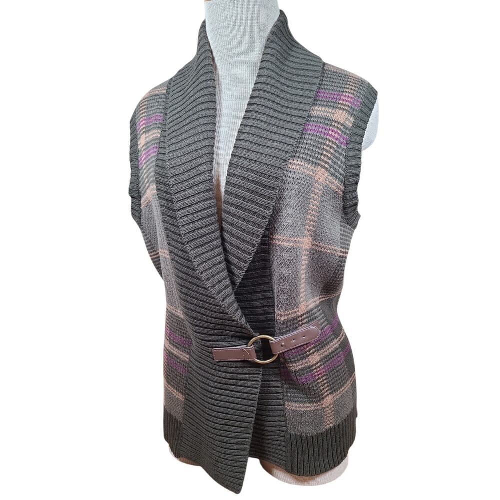 Chaps Knit Cardigan Vest Womens Medium Sleeveless Toggle Strap Old Money Cotton